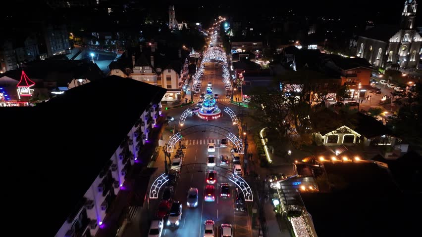 Night Christmas Time In Gramado Rio Grande Do Sul Brazil. Modern City Center With Skyscrapers Reflecting The Urban Life. Building Construction Landscape Skyscrapers Vibrant.