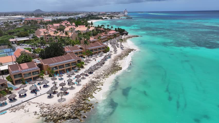 Beachfront Resort In Oranjestad Caribbean Netherlands Aruba. Capturing The Beauty Of A Tropical Beach From Above. Holiday Landscape Idyllic Beauty. Idyllic. Oranjestad Caribbean Netherlands.