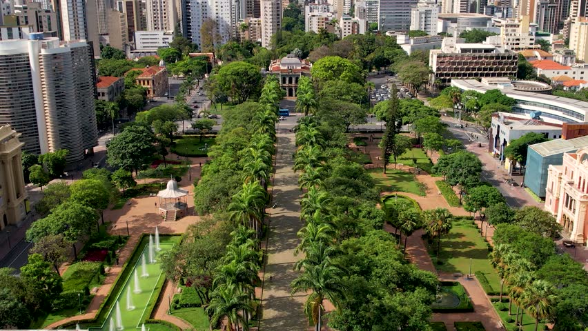Freedom Square In Belo Horizonte Minas Gerais Brazil. Drone Capturing The Beauty Square In The Center Of City. Town Clouds Sky Backgrounds Urban. Town Outdoor Panning Wide.