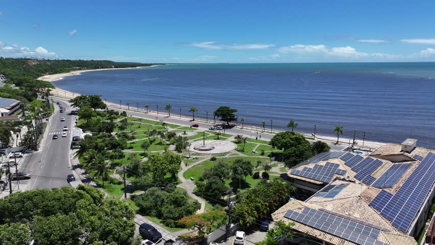 Pitangueiras Square In Porto Seguro Bahia Brazil. Drone Capturing The Beauty Square In The Center Of City. Holiday Landscape Idyllic Beauty. Idyllic. Porto Seguro Bahia.