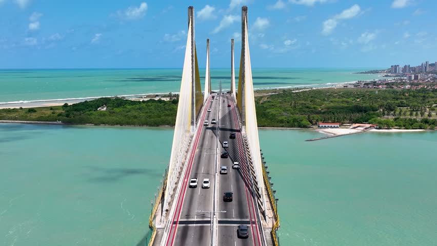 Cable Viaduct In Natal Rio Grande Do Norte Brazil. Amazing Skysrapers And Traffic On Street Viewed From Above. Business Sky Downtown Cityscape. Outside Downtown Panorama. Natal Rio Grande do Norte.