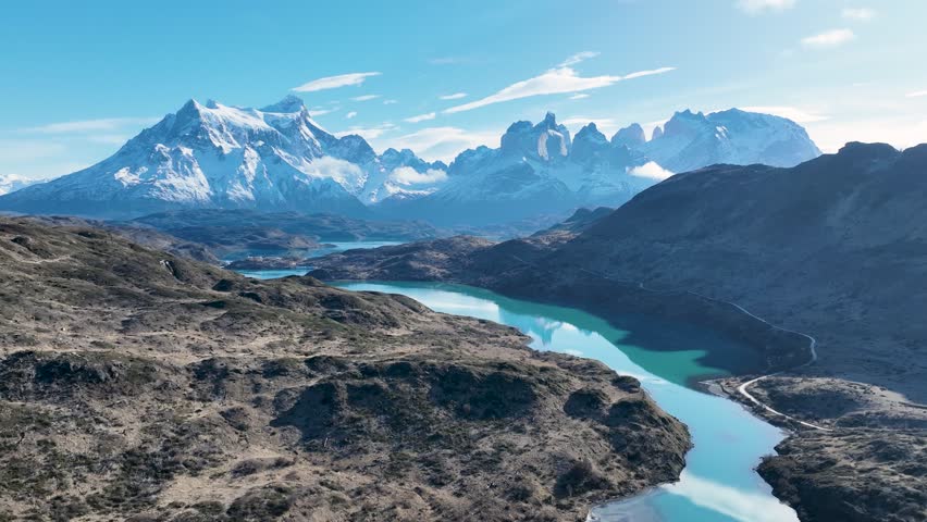 National Park In Torres Del Paine Puerto Natales Chile. Amazing Countryside Scenery Near Farm And Forest Trees. Outdoor Tourism Icon Patagonia Glacier. Outdoor Aerial Landscape.