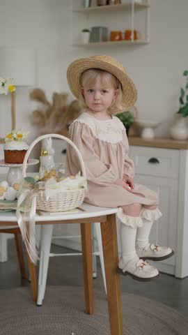 Little girl with a festive Easter basket. Easter celebration concept.