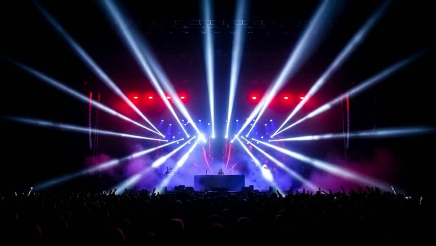 A dramatic, high-contrast illustration of a dark stage illuminated by a single overhead spotlight, visible through ambient smoke and shadow. Ideal for concert posters, music event promos, theatrical p