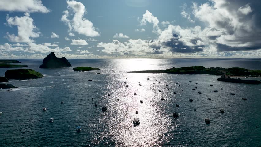Sunset Sunrise Sea In Fernando De Noronha Pernambuco Brazil. Aerial View Of Stunning Beach With Crystal Clear Waters. Sunrise Horizon Beach Sea. Sunrise Beach City. Fernando de Noronha Pernambuco.