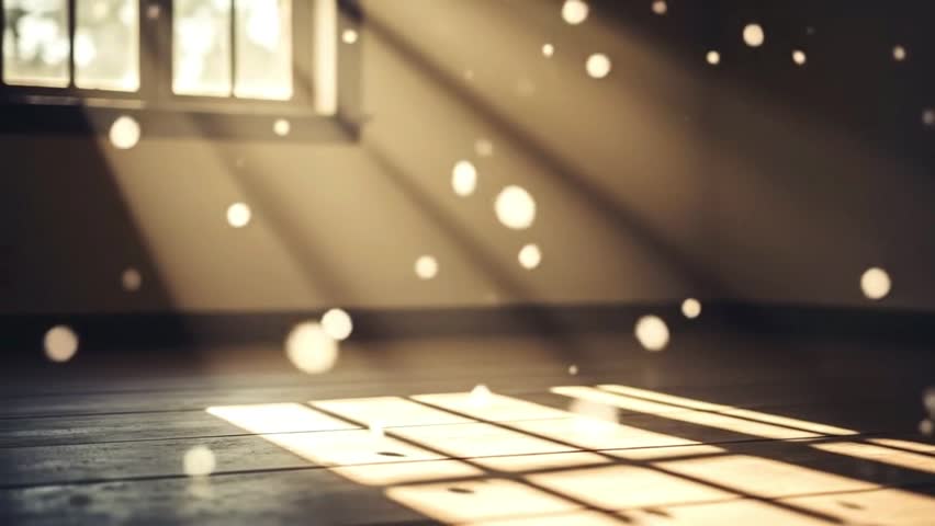 A serene and cinematic scene of soft sunlight streaming through a window into an empty room. Ideal for storytelling visuals, cinematic compositions, or background use in promotional or artistic media.