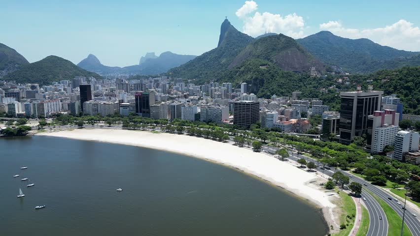 Flamengo Park In Downtown Rio De Janeiro Rio De Janeiro Brazil. Turquoise Ocean Waves Gently Crashing On Tropical Beach. Construction Landscape Skyscrapers Busy. Construction Enterprise Town.