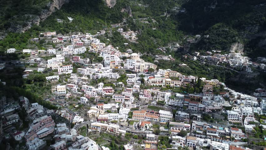 Mountainous Positano, Italy with houses clinging to steep hillsides