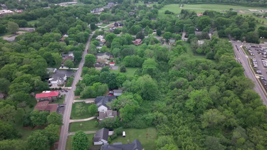 Aerial Flyover Of Homes In A Rural Country Neighborhood Of Franklin Near Nashville, Tennessee.