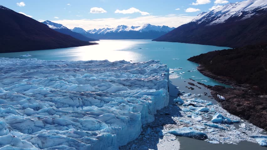 Los Glaciares National Park In El Calafate Santa Cruz Argentina. Birds Eye View Of Famous Glacier In A Patagonia Landscape. Nature Travel Destination Snow Covered Forest Trees.