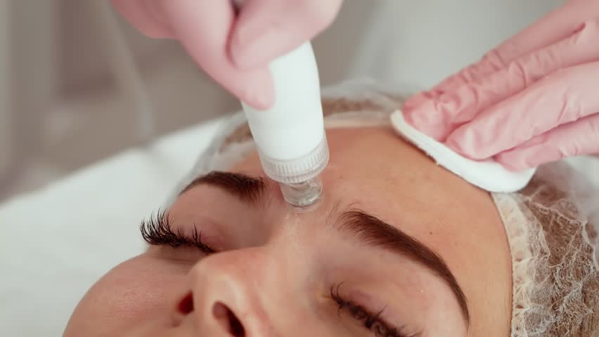 Patient woman receiving aqua peeling treatment for deep pore cleansing at skin care clinic. Beautician gently moving advanced device over forehead to exfoliate and hydrate skin. Professional aesthetic