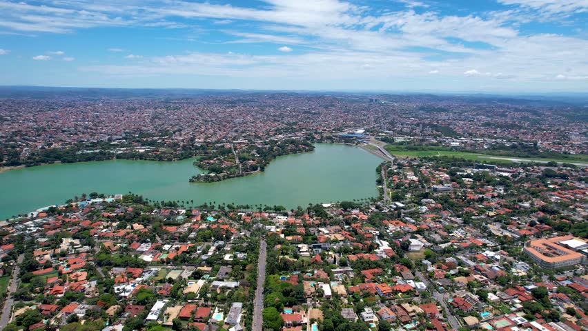 Pampulha Lake In Belo Horizonte Minas Gerais Brazil. Beautifully Designed Park Adorned With Lush Greenery. Business Sky Background Downtown Cityscape. Backgrounds Panoramic.