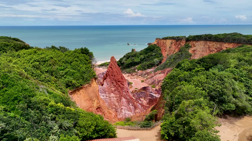 Scenic Canyons In Conde Paraiba Brazil. Breathtaking Aerial View Of A Lush Tropical Coastline Scenery. Shore Sky Clouds Beach Sea. Shore Scenic Coastline. Conde Paraiba.