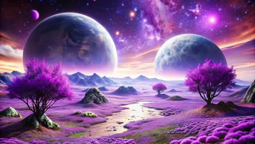 a surreal and fantastic purple planet landscape under a night sky filled with stars and purple and pink galaxies. Two large planets dominate the sky, emitting a soft glow.