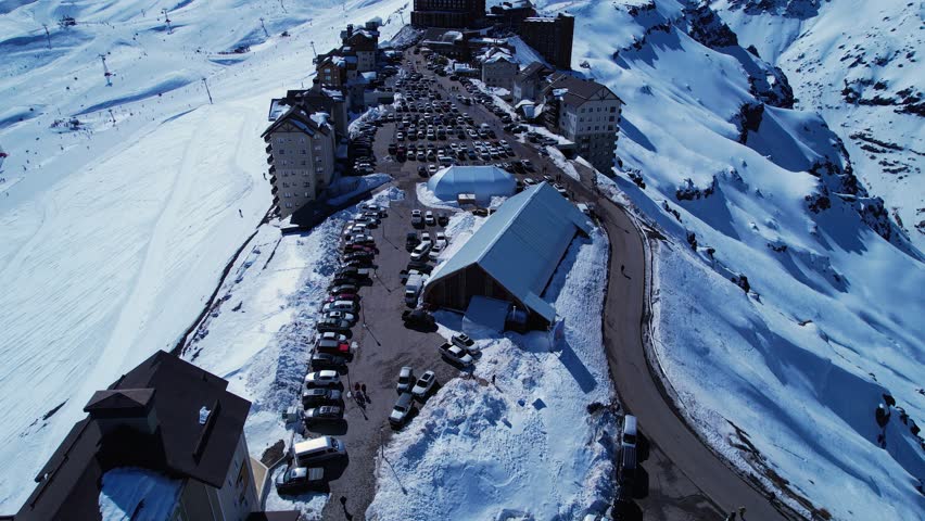 Vale Nevado Ski Resort In Andes Mountains Santiago Chile. Ski Lift Passing Over Frozen Mountain In Winter Landscape. Outdoor Travel Destination Andes Glacier. Outdoor Aerial View.