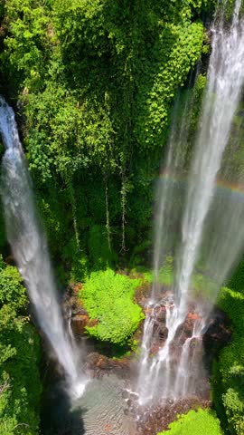 Aerial view of the majestic Sekumpul Waterfall cascading through lush green jungle in Bali, Indonesia.