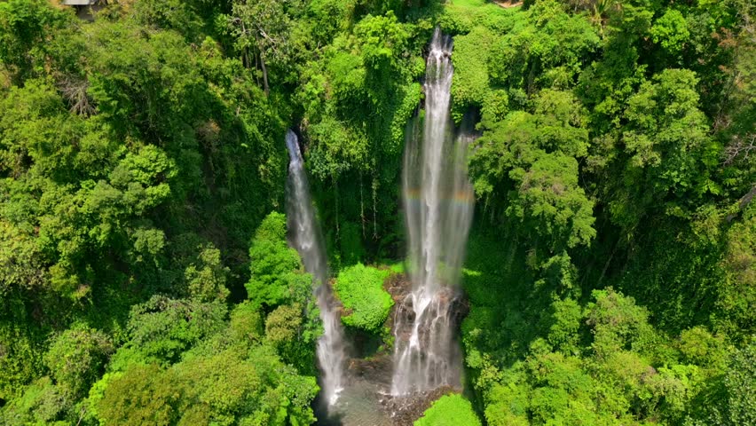 Aerial view of the majestic Sekumpul Waterfall cascading through lush green jungle in Bali, Indonesia.