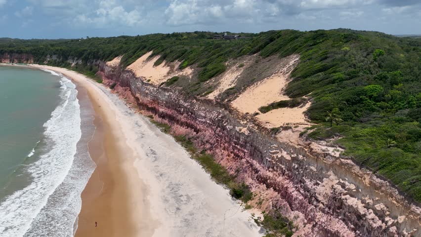 Scenic Cliffs In Pipa Beach Rio Grande Do Norte Brazil. Stunning Tropical Coastline Beach Scene Viewed From Above. Coast Clouds Sky Seaside Summertime. Seaside Beach Scenic Coastline.
