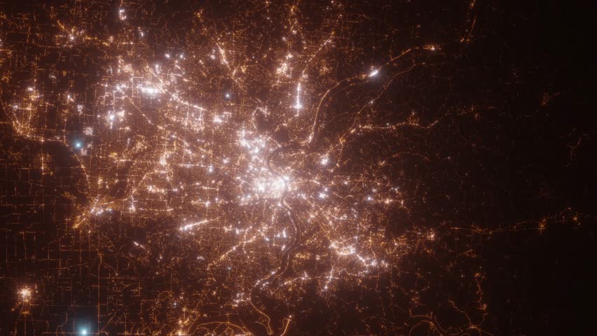 Cincinnati (Ohio, USA) top view at night. Aerial view on modern city from space. Camera is flying above the city, moving forward. Vertical video. The north is on the left side