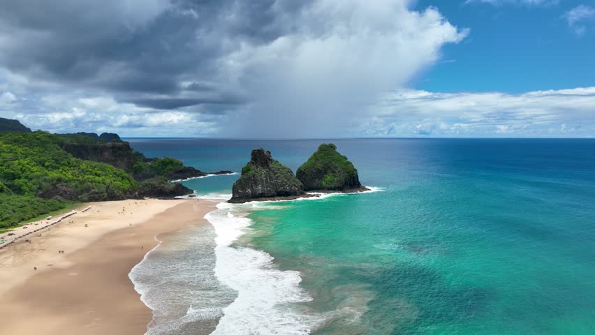 Volcano Rocks In Fernando De Noronha Pernambuco Brazil. Bird Eye View Of A Amazing Coastal Beach In The Summer Holiday. Coast Sky Clouds Seaside Summertime. Coast Scenic Coastline.