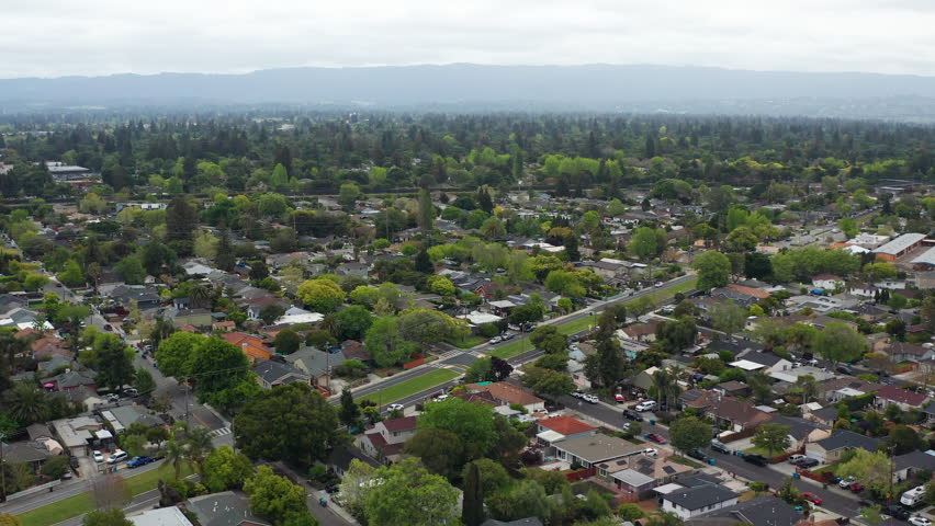 Aerial view of Menlo Park Bay Area California suburban residential homes tree - Aerial Drone View