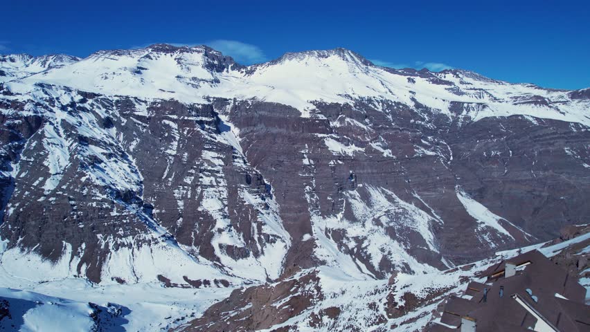 Valle Nevado Village In Andes Mountains Santiago Chile. Aerial View Of A Ski Resort Nestled In The Snowy Mountains. Snowy Countryside Alpine Frozen Background. Snowy Lagoon Nature.