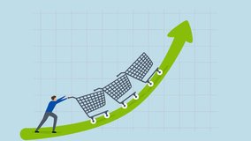 Man pushing shopping carts upwards on rising green arrow illustrating growth - Powered by Shutterstock - Get 15% off with code: PIKWIZARD15