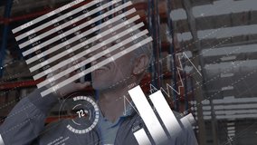 Warehouse lead raising smartphone to ear and monitoring animated stock dashboards tables and graphs. Technology, analytics, logistics, data visualization, industrial, professional, corporate - Powered by Shutterstock - Get 15% off with code: PIKWIZARD15