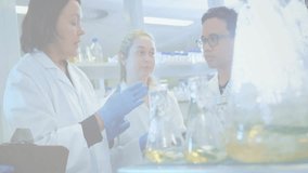 Senior scientist lifting pipette following lab digital network fading over flasks showing data flow. Research, innovation, technology, chemistry, collaboration, scientific, futuristic - Powered by Shutterstock - Get 15% off with code: PIKWIZARD15