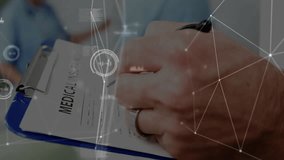 Hand filling medical form starting network lines, nurse adjusting pump and doctor checking pulse. Healthcare, collaboration, professionalism, hospital, technology, patient care, medical equipment - Powered by Shutterstock - Get 15% off with code: PIKWIZARD15