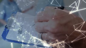 Clinician writing on blue clipboard and activating medical code overlay while consulting patient. Healthcare, digital, technology, diagnostics, interface, medicine, innovation - Powered by Shutterstock - Get 15% off with code: PIKWIZARD15