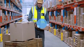 Warehouse worker lifting carton while supply-chain icons expanding around stacks updating inventory. Logistics, technology, industrial, automation, inventory, connectivity, supply chain - Powered by Shutterstock - Get 15% off with code: PIKWIZARD15