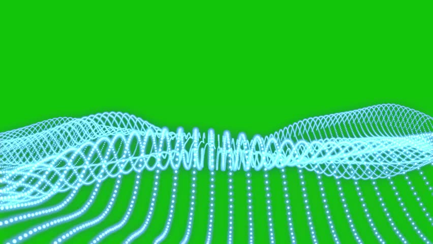 Smooth blue glowing particles form animated wave motion on vivid green screen backdrop
