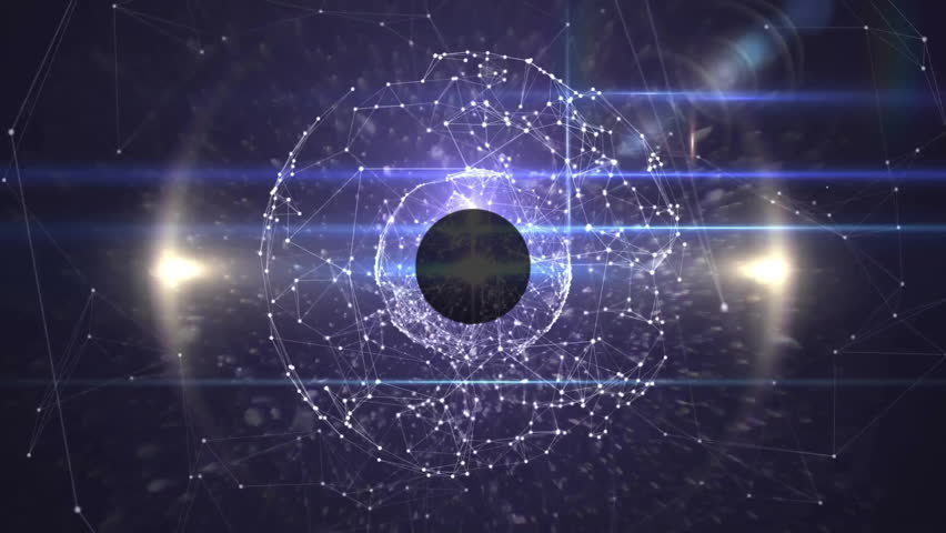 Core node appearing triggers sphere expanding and sending icons outward showing network connections. Technology, connectivity, innovation, cyberspace, digital, futuristic, network