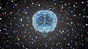 Confetti beginning drifting around blue 3D brain model rotating and revealing brain contours. Futuristic, neuroscience, celebration, innovation, digital art, 3d rendering, abstract - Powered by Shutterstock - Get 15% off with code: PIKWIZARD15