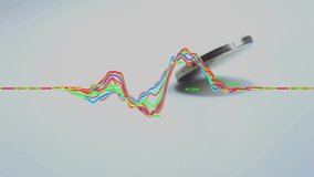 Bi-metallic coin tipping starting roll while multicolored waveform pulsing showing synced motion. Balance, motion, dynamics, technology, frequency, energy, precision - Powered by Shutterstock - Get 15% off with code: PIKWIZARD15