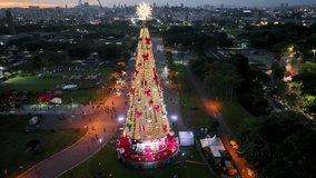 Christmas Tree In Candido Portinari Park Sao Paulo Brazil. Aerial View Of Christimas Tree And Ornaments To Happy Holidays. Sunset Sky Clouds Downtown. Sunset Outdoors Downtown Panorama. - Powered by Shutterstock - Get 15% off with code: PIKWIZARD15