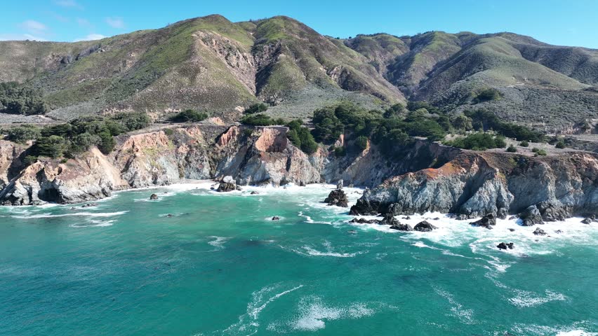 Coastal Erosion In Highway 1 California United States. Big Sur Landscape From Above In Pacific Coast Highway. Coast Clouds Sky Seaside Summertime. Seaside Beach Scenic Coastline.