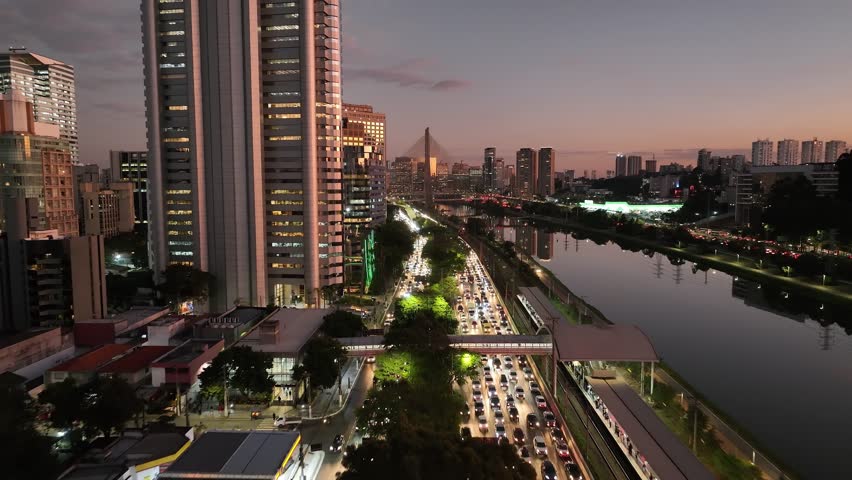 Street Traffic In City Sunset Sao Paulo Brazil. Urban Life Landscape Of Freeway Road Connecting City Streets. Building Industrial Skyline Buildings Awesome. Sunset. City Sunset Sao Paulo.