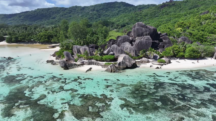 Anse Source D Argent In La Digue Island Victoria Seychelles. Bird Eye View Of A Amazing Coastal Beach In The Summer Holiday. Deserted Skyline Leisure Wanderlust. Leisure Water Edge Shore.
