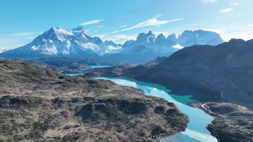 National Park In Torres Del Paine Puerto Natales Chile. Breathtaking Landscape Of Forest Trees In The Rural Scene. Snowflakes Tourism Expedition Snow Capped. Expedition Lakeshore Outdoor.