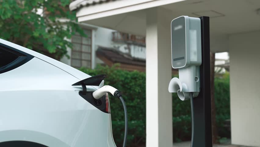 Electric vehicle technology utilized to residential area or home charging station for EV car battery recharge. Eco-friendly transport by clean and sustainable energy for future environment. Fastidious