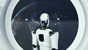 Futuristic robot, artificial intelligence CGI inside spaceship in space universe overlooking planet earth outside the space shuttle window . Robotic man 3D render animation . - Powered by Shutterstock - Get 15% off with code: PIKWIZARD15