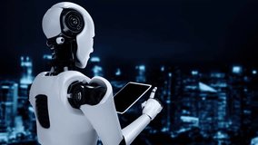 Robot hominoid using tablet computer for big data analytic using AI thinking brain , artificial intelligence and machine learning process for the 4th fourth industrial revolution . 3D rendering. - Powered by Shutterstock - Get 15% off with code: PIKWIZARD15