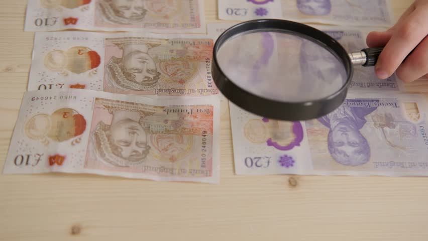 Close-up of female hands inspecting authenticity paper Great Britain Pound banknotes, examining bill details through magnifying glass, finance, security and counterfeit detection