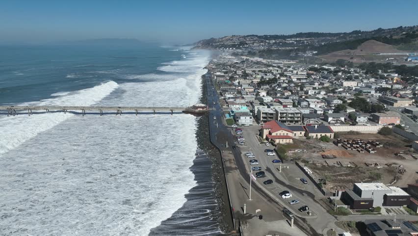Fisherman Pier In Pacifica California United States. Group Of Fishermen Pulling A Fishing Net On A Tropical Beach. Shore Horizon Beach Sea. Outside Beach Panorama. Pacifica California.