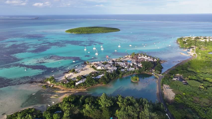 Pointe D Esny Beach In Port Louis Mauritius Island Mauritius. Stunning Tropical Coastline Beach Scene Viewed From Above. Island Life Landscape Idyllic Beautiful. Island Life Water Edge Coast.