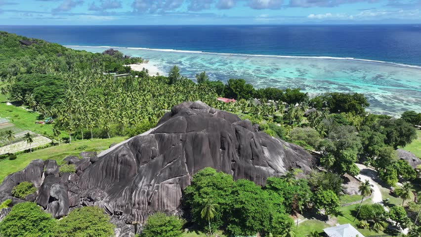 Anse Source D Argent Beach In La Digue Island Victoria Seychelles. Aerial View Of Stunning Beach With Crystal Clear Waters. Paradise Skyline Idyllic Wanderlust. Paradise Sea.