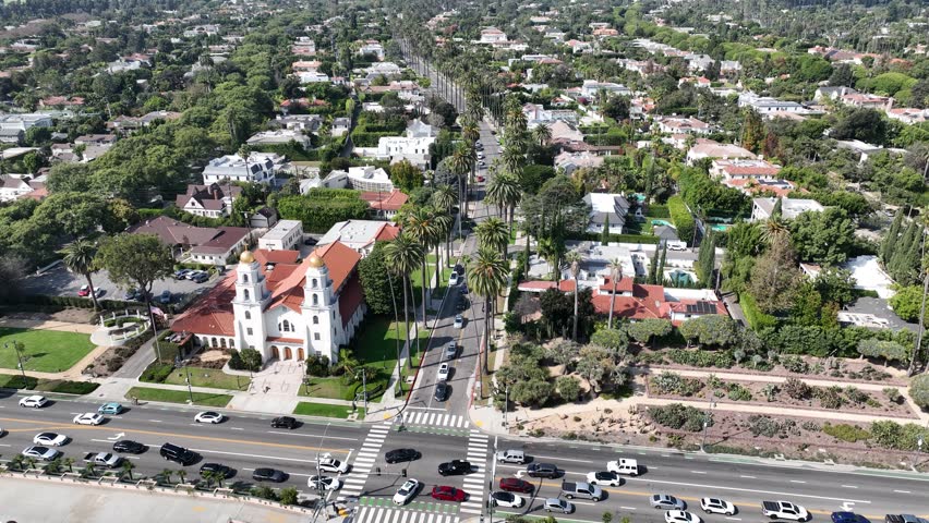 Beverly Hills In Los Angeles California United States. Amazing Skysrapers And Traffic On Street Viewed From Above. Town Clouds Sky Backgrounds Urban. Town Outdoor Panning Wide.