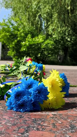 A bunch of blue and yellow flowers laying on the ground.